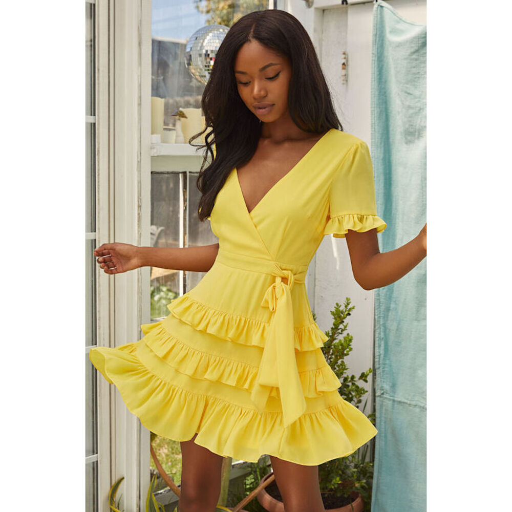Lulus Feeling Butterflies Light Yellow Ruffled Side-tie Mini Dress - Size S